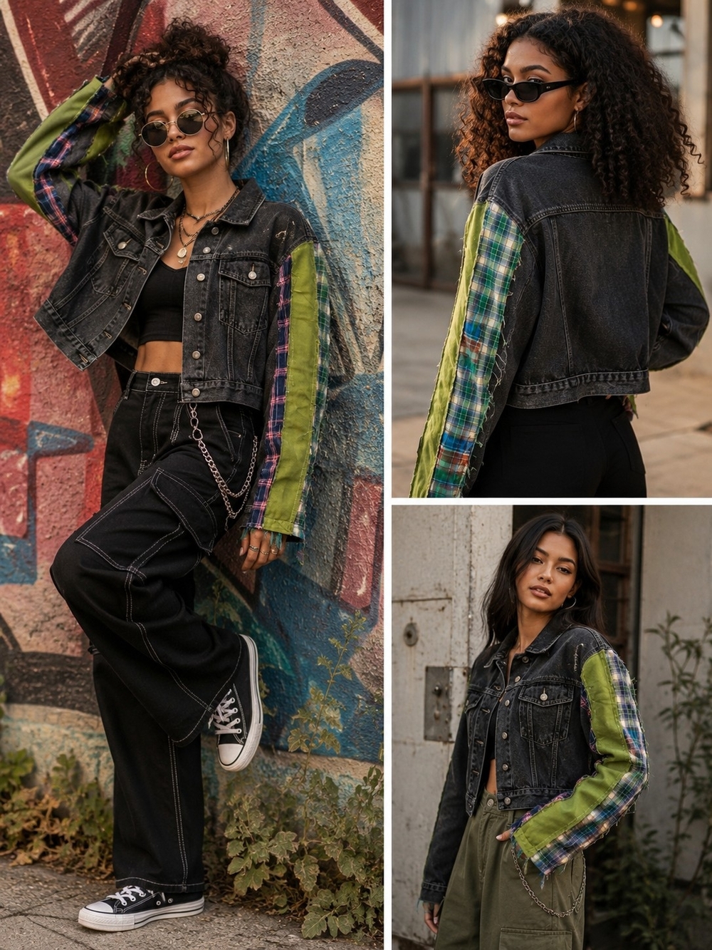 AKIRA Patchwork Plaid Cropped Denim Jacket Grunge Streetwear XL
